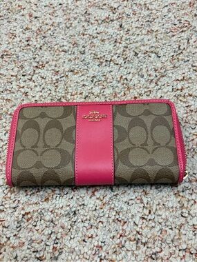 Coach Brown Signature Canvas Continental Wallet with Pink Trim